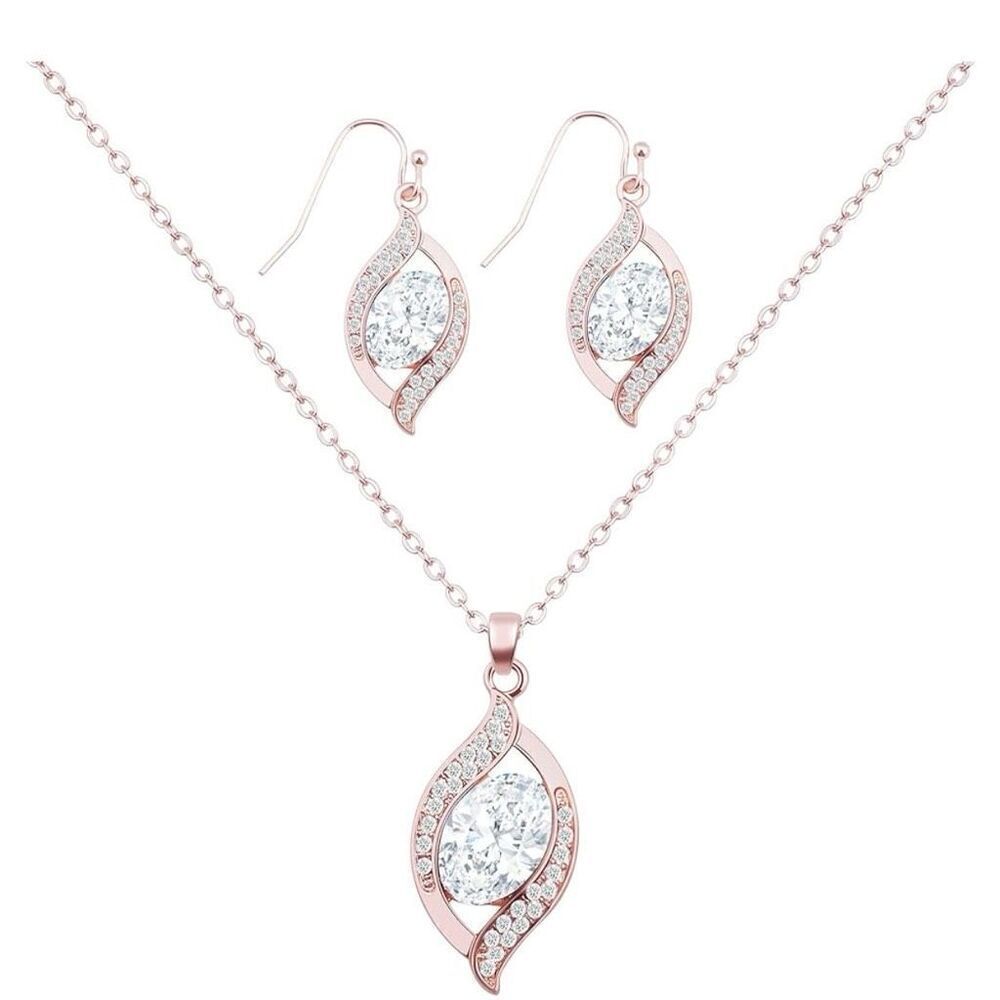 Jewelry Set - Rose Gold Tone Earrings & Necklace - Wedding Bridesmaid Gift